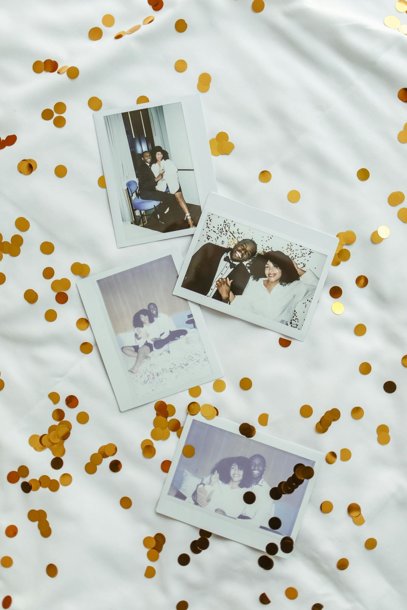 Colorful confetti surrounds nostalgic Polaroid photos depicting joyful moments and relationships.
